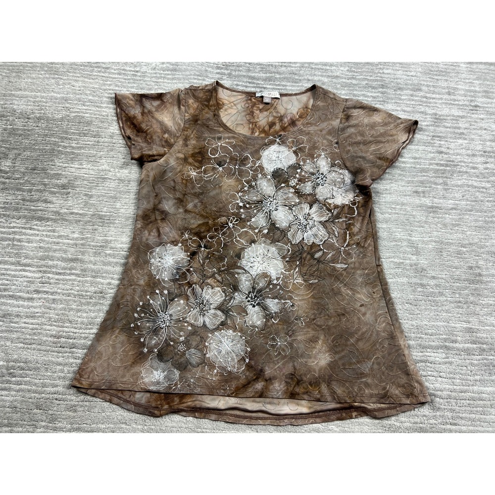 Roz & Ali Blouse Womens PM Brown Tie Dye Floral Paisley Embossed Mesh Top